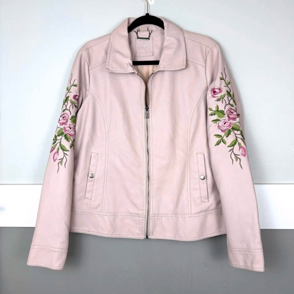 Floral Embroidered Leather Jacket - Pink